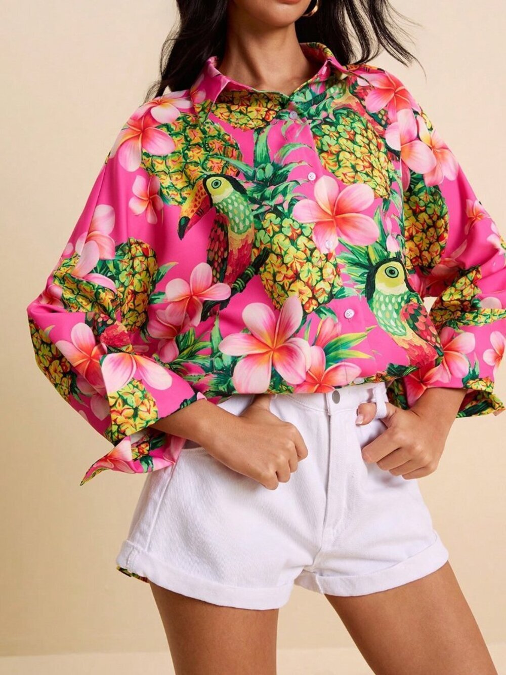 Multicolor Boho Women's Tropical Loose Fit Floral Pineapple Shirt - Picture 7 of 8